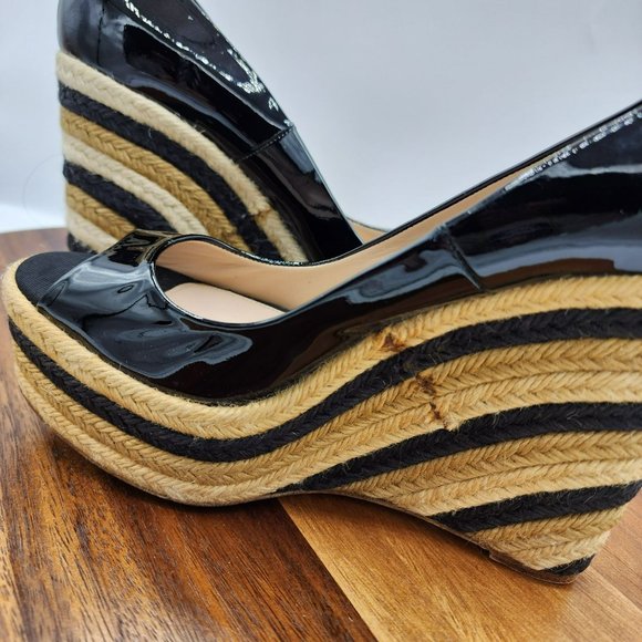 Brian Atwood Wedges Heels 40 Black Tan Cream Patent Leather Peep Toe Espadrilles - Picture 10 of 13